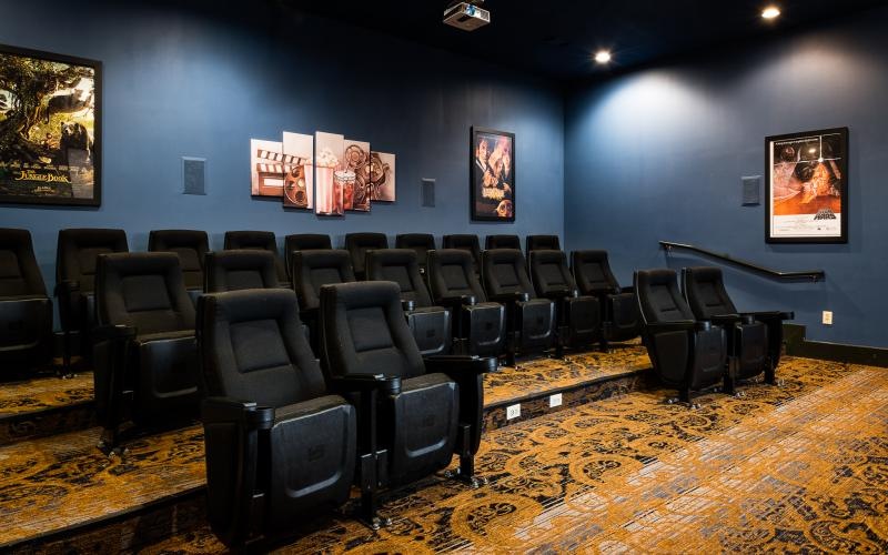 a movie theater with chairs and posters