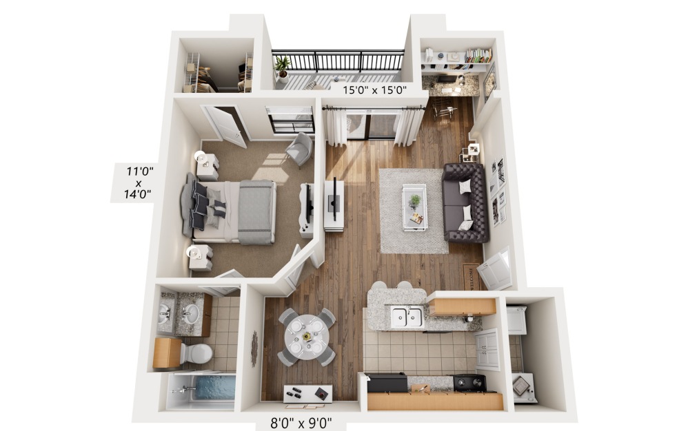 Homestead - 1 bedroom floorplan layout with 1 bathroom and 654 square feet (3D)