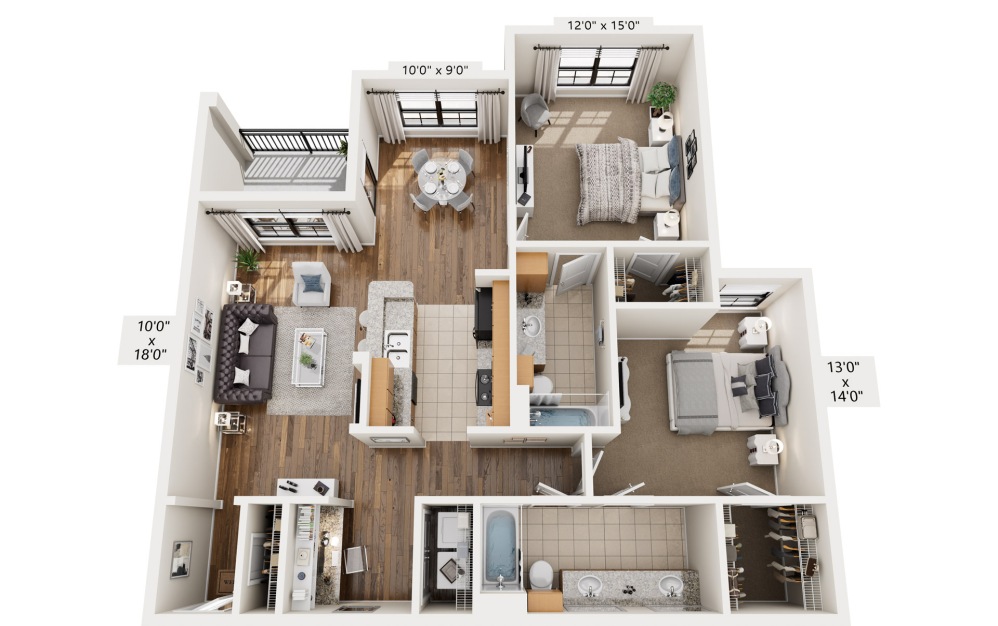 Plantation - 2 bedroom floorplan layout with 2 bathrooms and 1100 square feet (3D)