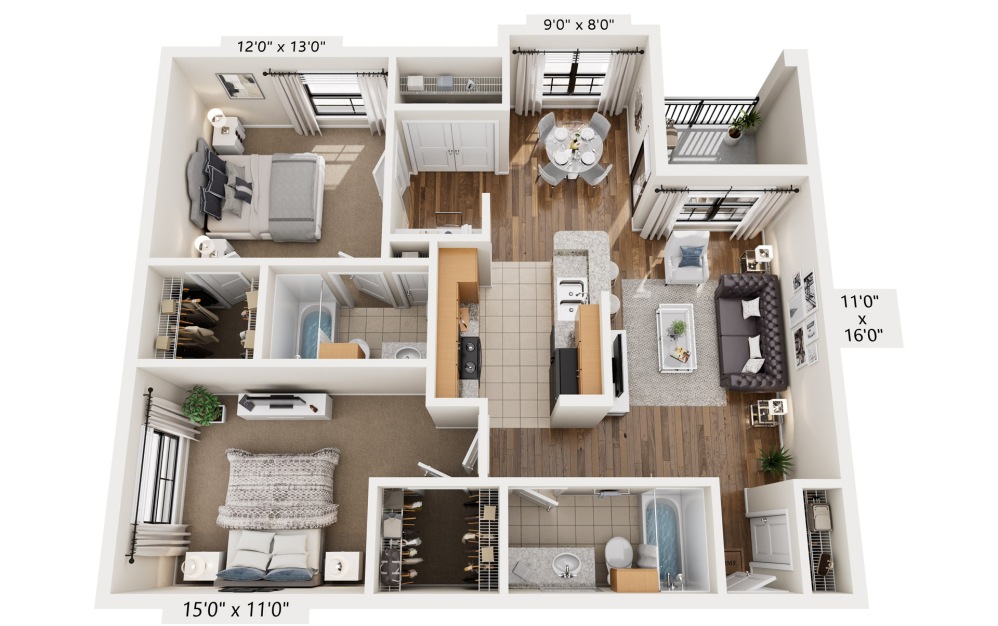 Terrain - 2 bedroom floorplan layout with 2 bathrooms and 1040 square feet (3D)