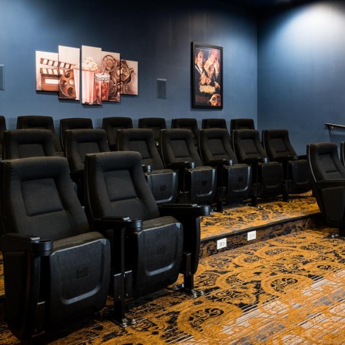 a movie theater with chairs and posters